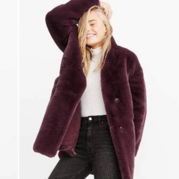 ABERCROMBIE & Fitch burgundy maroon red faux fur shearling coat cozy S y2k - Picture 5 of 13